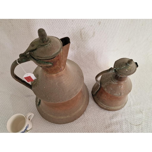 627 - 2 x Antique Copper Jugs / Kettles, Very Similar Shape & Design, Larger & Smaller with Curved Handles... 