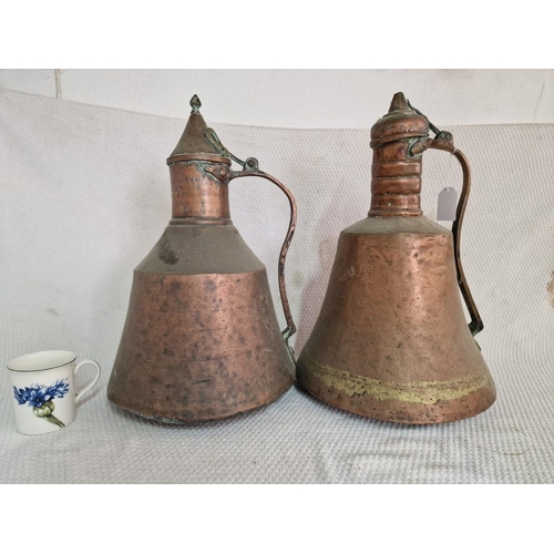 628 - 2 x Large Antique Similar Copper Jugs / Kettles, with Curved Handles and Lids, (Approx. H: 48cm and ... 