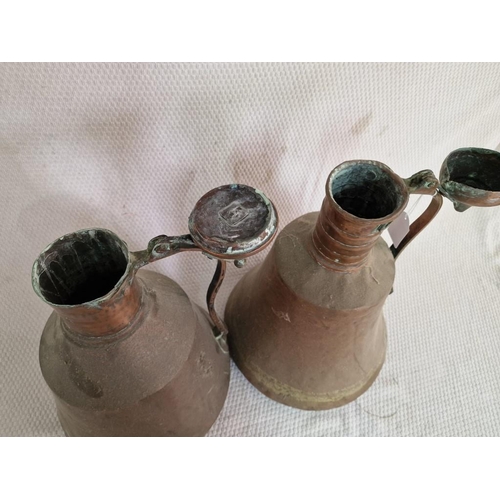 628 - 2 x Large Antique Similar Copper Jugs / Kettles, with Curved Handles and Lids, (Approx. H: 48cm and ... 