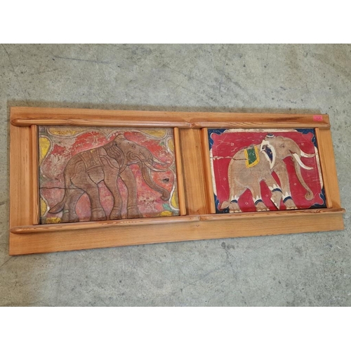 632 - 2 x Carved Wooden Panels with Elephant, Hand Painted, in Solid Wood Frame, (Approx. 110 x 43cm)