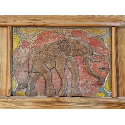 632 - 2 x Carved Wooden Panels with Elephant, Hand Painted, in Solid Wood Frame, (Approx. 110 x 43cm)