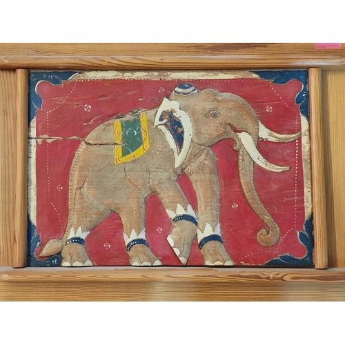 632 - 2 x Carved Wooden Panels with Elephant, Hand Painted, in Solid Wood Frame, (Approx. 110 x 43cm)