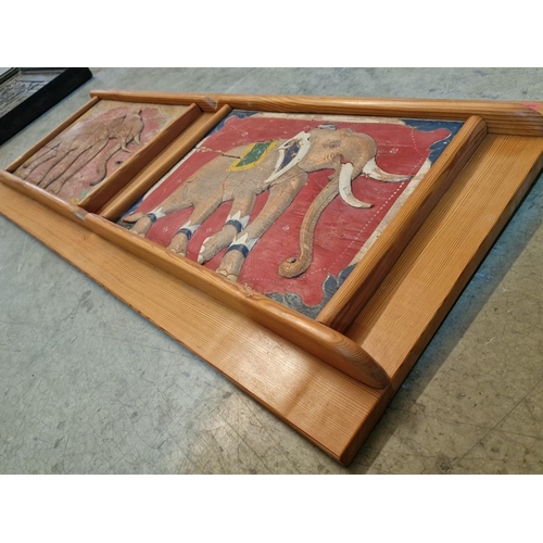 632 - 2 x Carved Wooden Panels with Elephant, Hand Painted, in Solid Wood Frame, (Approx. 110 x 43cm)