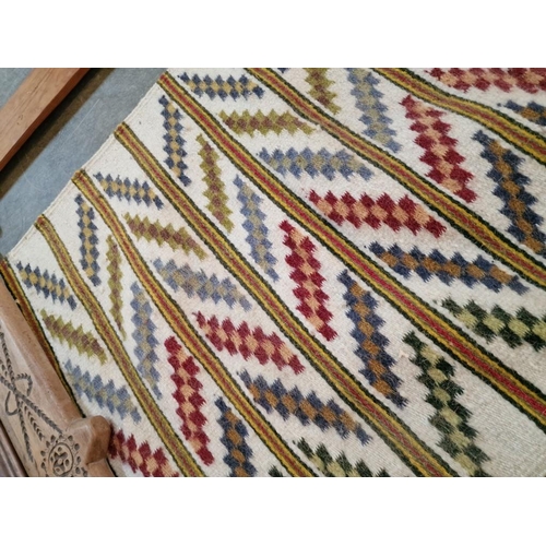 631 - Hand Woven Naxos Rug in Vintage Wooden Weaving Loom Frame, (Approx. 109 x 136cm Overall)