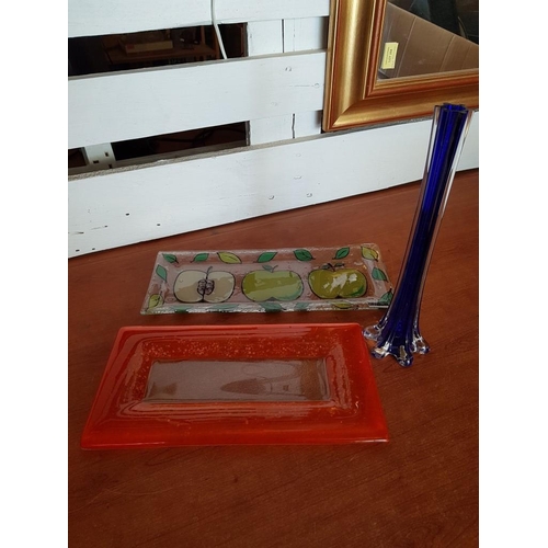 642 - Modern Multi-Colour Glass Tableware; Cobalt Blue Vase (H: 30cm), 2 x Snack Trays (18 x 32 and 15 x 3... 