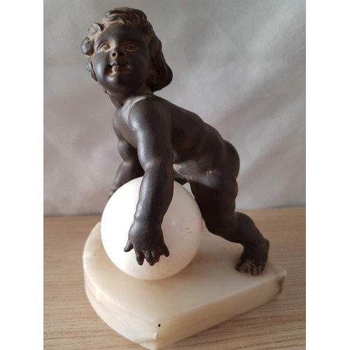 647 - Bronze and Marble Art Deco Style Replica Sculpture of Boy Carrying Moon, (Approx. 10.5 x 9.5 x 16cm)