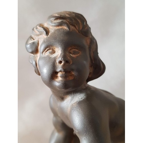 647 - Bronze and Marble Art Deco Style Replica Sculpture of Boy Carrying Moon, (Approx. 10.5 x 9.5 x 16cm)