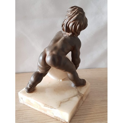 647 - Bronze and Marble Art Deco Style Replica Sculpture of Boy Carrying Moon, (Approx. 10.5 x 9.5 x 16cm)