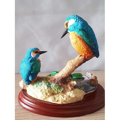 648 - Kingfisher & Young Bird Ornament by Russell Willis, #484415 on Wooden Base, (Approx. 14.5 x 14.5cm)