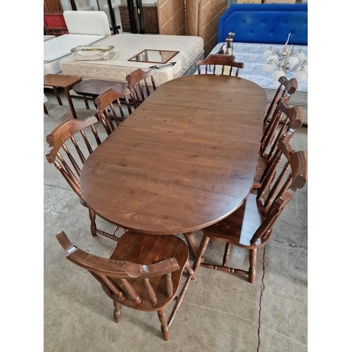 147 - Farmhouse Style Solid Pine Wood Oval Shape Extendable Dining Table with Twin Pedestal Base, Together... 