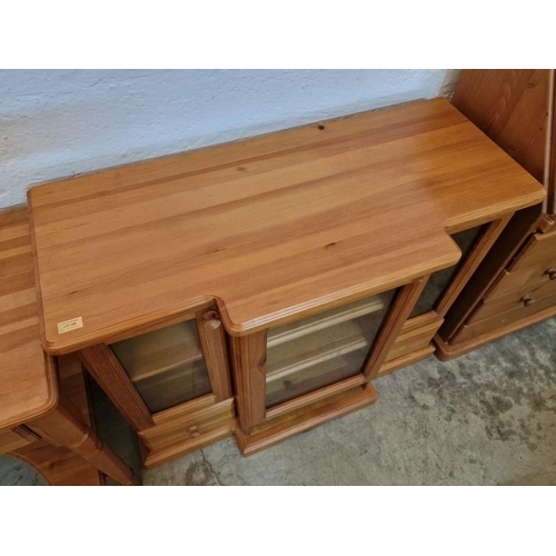 308 - Pine Wood TV / Hi-Fi / Lounge Unit, Breakfront with 3 x Glazed Doors, Shelving and 2 x Lower Drawers... 