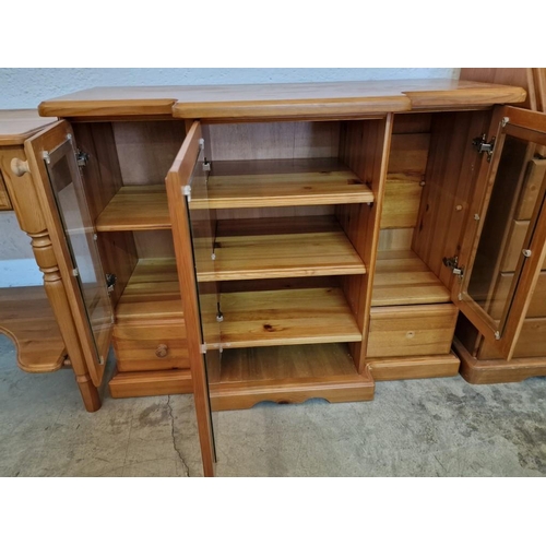 308 - Pine Wood TV / Hi-Fi / Lounge Unit, Breakfront with 3 x Glazed Doors, Shelving and 2 x Lower Drawers... 