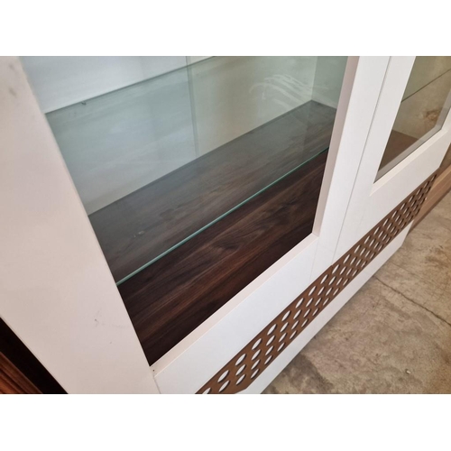 310 - Modern Gloss White Double Door Display Cabinet with Twisted Chrome Handles and Pierced Wood Lower De... 