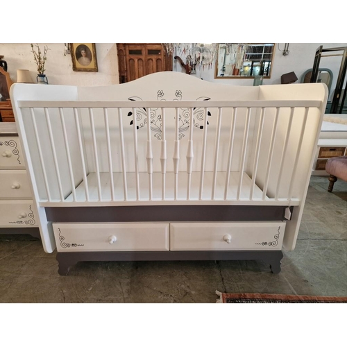 319 - Children's Bedroom Set; White & Grey Colour with Black Line Pattern, Babies Cot with Arched Top and ... 