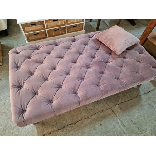 323 - Large Rectangular Padded Bench Seat with Dark Mauve Colour Button Back Fabric, over Dark Wood Turned... 