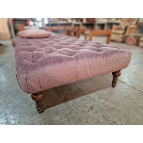 323 - Large Rectangular Padded Bench Seat with Dark Mauve Colour Button Back Fabric, over Dark Wood Turned... 