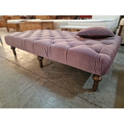 323 - Large Rectangular Padded Bench Seat with Dark Mauve Colour Button Back Fabric, over Dark Wood Turned... 