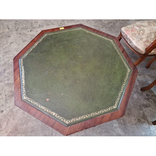 565 - Antique Style Drum Table, Hexagonal Top with Inland Green Leather Top and 4-Drawers, Over Pedestal L... 