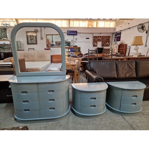 651 - Pale Blue / Grey Colour Bow Fronted 8-Drawer Chest of Drawers with Mirror Above, (Approx. 105 x 42 x... 