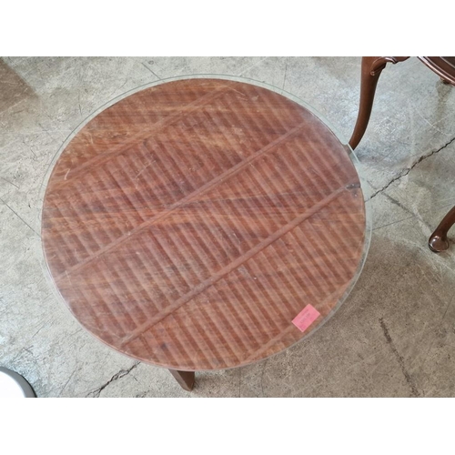 655 - Vintage Wooden Round Side Table with Glass Cover, (Approx. Ø: 52cm, H: 52cm)