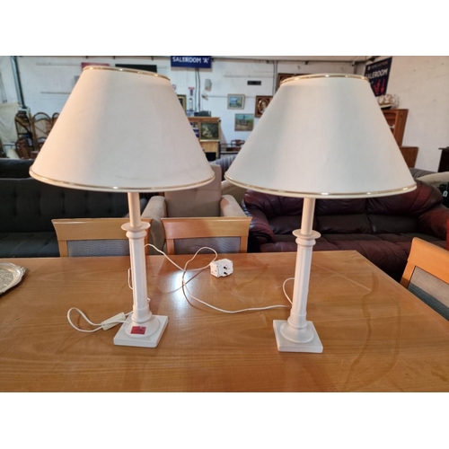 657 - Pair of Table / Side Lamps, Off-White / Cream Colour Column Style Bases with Cream Shades with Gold ... 