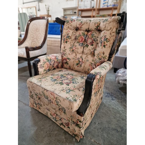 658 - Vintage Rocking Armchair with Floral Pattern Fabric, Turned Wood, Button-Back Back Cushion