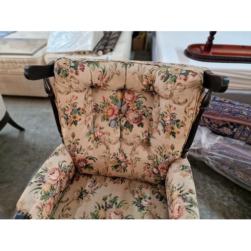 658 - Vintage Rocking Armchair with Floral Pattern Fabric, Turned Wood, Button-Back Back Cushion