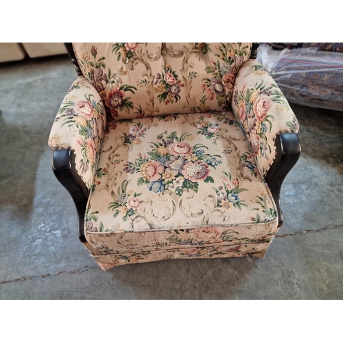 658 - Vintage Rocking Armchair with Floral Pattern Fabric, Turned Wood, Button-Back Back Cushion