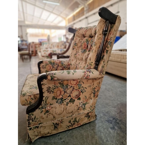 658 - Vintage Rocking Armchair with Floral Pattern Fabric, Turned Wood, Button-Back Back Cushion