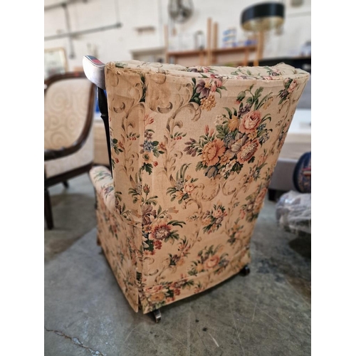 658 - Vintage Rocking Armchair with Floral Pattern Fabric, Turned Wood, Button-Back Back Cushion