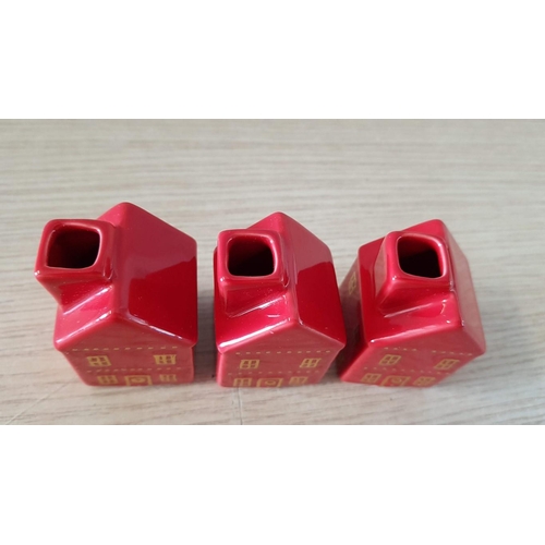 144 - Set of 3 x Red Ceramic Candle Holders in Style of Small Houses, (Approx. 3.5 x 3.5 x 6cm each), (3)