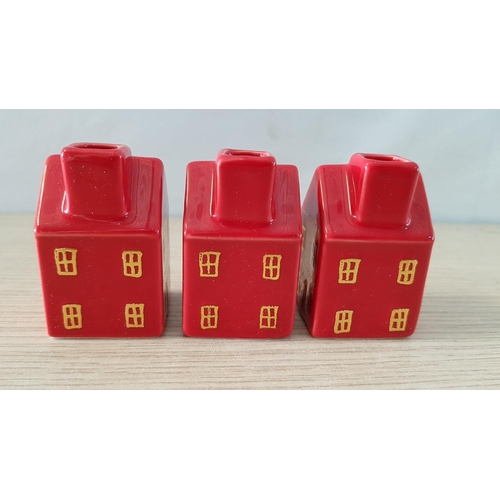 144 - Set of 3 x Red Ceramic Candle Holders in Style of Small Houses, (Approx. 3.5 x 3.5 x 6cm each), (3)