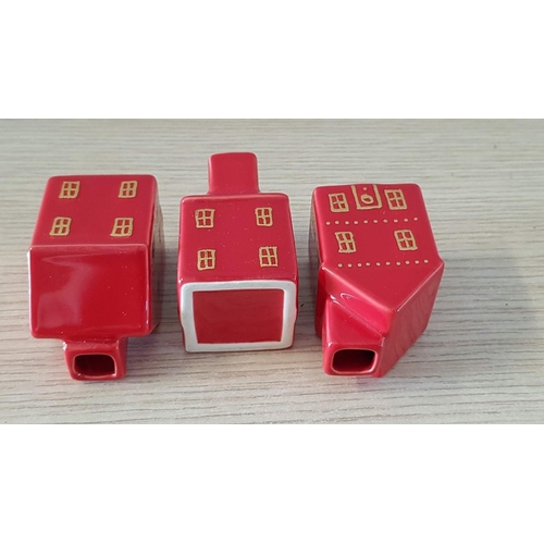 144 - Set of 3 x Red Ceramic Candle Holders in Style of Small Houses, (Approx. 3.5 x 3.5 x 6cm each), (3)