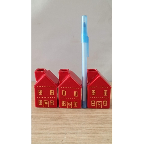 144 - Set of 3 x Red Ceramic Candle Holders in Style of Small Houses, (Approx. 3.5 x 3.5 x 6cm each), (3)