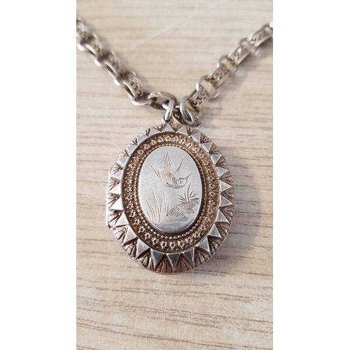 169 - Vintage / Victorian Style Silver Engraved Oval Shaped Locket Pendant (4 x 3cm), on Chain with Large ... 