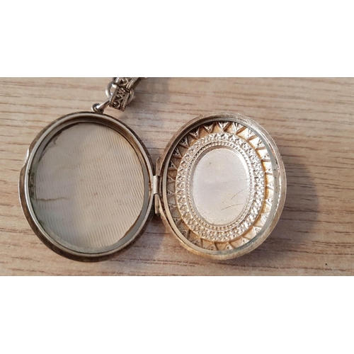 169 - Vintage / Victorian Style Silver Engraved Oval Shaped Locket Pendant (4 x 3cm), on Chain with Large ... 