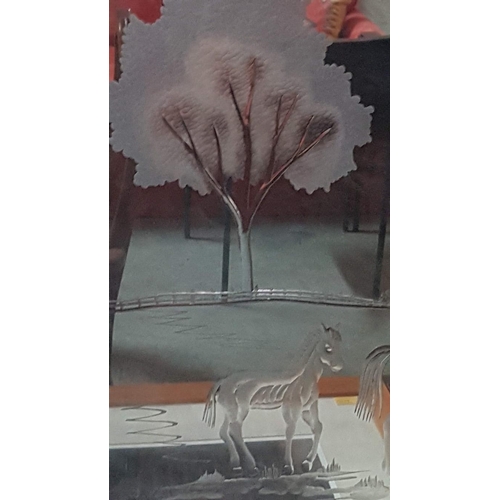 171 - Meta Framed Wall Mirror with Etched Landscape and Horses, (Approx. 108 x 77cm)