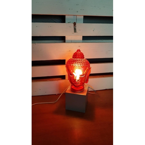 203 - Ruby Red Modern Glass Young Buddha's Head Lamp, on Cubic Base, * Basic Test and Working *