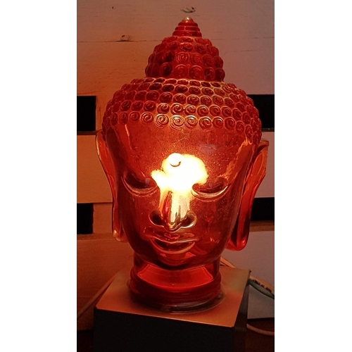 203 - Ruby Red Modern Glass Young Buddha's Head Lamp, on Cubic Base, * Basic Test and Working *