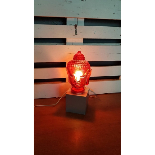 203 - Ruby Red Modern Glass Young Buddha's Head Lamp, on Cubic Base, * Basic Test and Working *