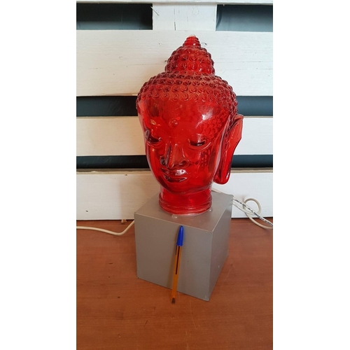 203 - Ruby Red Modern Glass Young Buddha's Head Lamp, on Cubic Base, * Basic Test and Working *