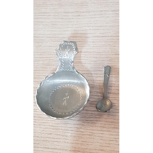 212 - Vintage Swedish Handmade Signed Pewter Salt Cellar and Spoon, 'W Saami Runes', (Approx. Ø: 5.5cm)