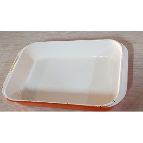 25C - 'Vogue' Large Rectangular Cast Iron Dish, Enameled Off White Interior, Orange Exterior, (Approx. 40 ... 