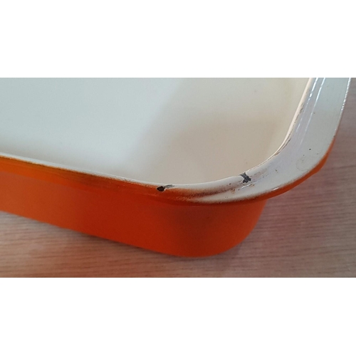 25C - 'Vogue' Large Rectangular Cast Iron Dish, Enameled Off White Interior, Orange Exterior, (Approx. 40 ... 