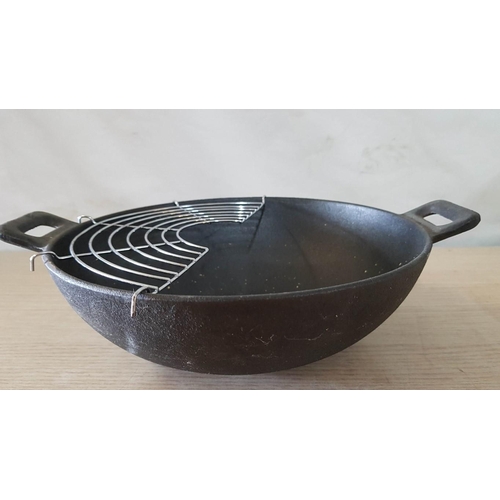 40A - Cast Iron Wok (Ø: 24cm, H: 8cm), with Aluminium Lid and Wooden Sticks, (Unused)