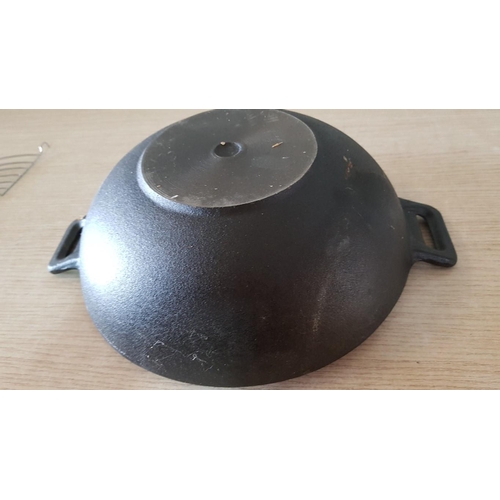 40A - Cast Iron Wok (Ø: 24cm, H: 8cm), with Aluminium Lid and Wooden Sticks, (Unused)