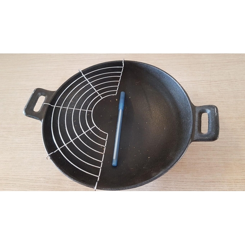 40A - Cast Iron Wok (Ø: 24cm, H: 8cm), with Aluminium Lid and Wooden Sticks, (Unused)