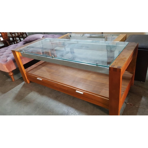 413 - Modern Rectangular Wood, Chrome and Glass Top Coffee Table with 2-Drawers, (Approx. 150 x 60 x 55cm)