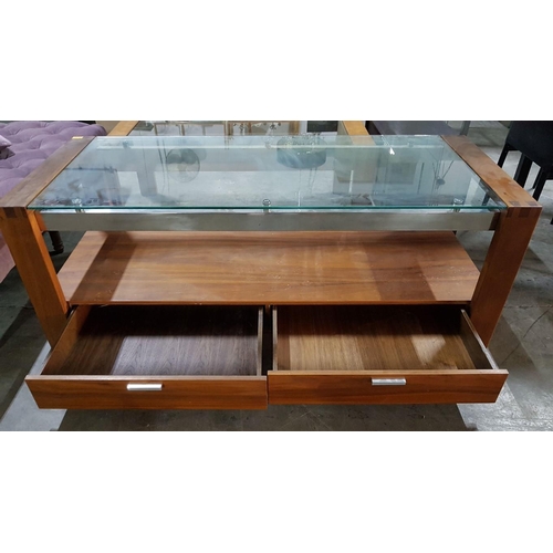 413 - Modern Rectangular Wood, Chrome and Glass Top Coffee Table with 2-Drawers, (Approx. 150 x 60 x 55cm)