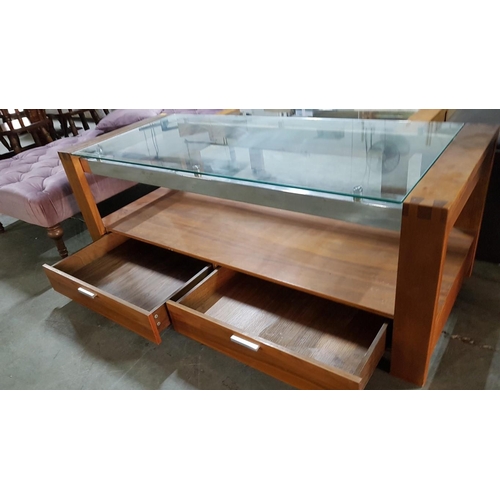 413 - Modern Rectangular Wood, Chrome and Glass Top Coffee Table with 2-Drawers, (Approx. 150 x 60 x 55cm)